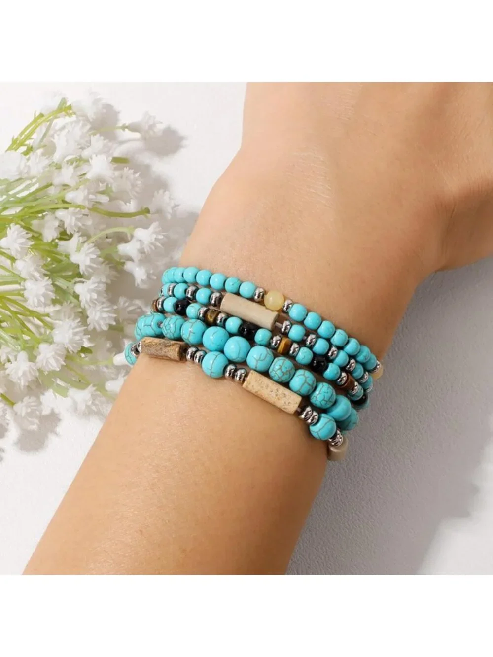 5Pcs Stackable Natural Stone Crystal Bracelets Set for Women - Healing Gemstone